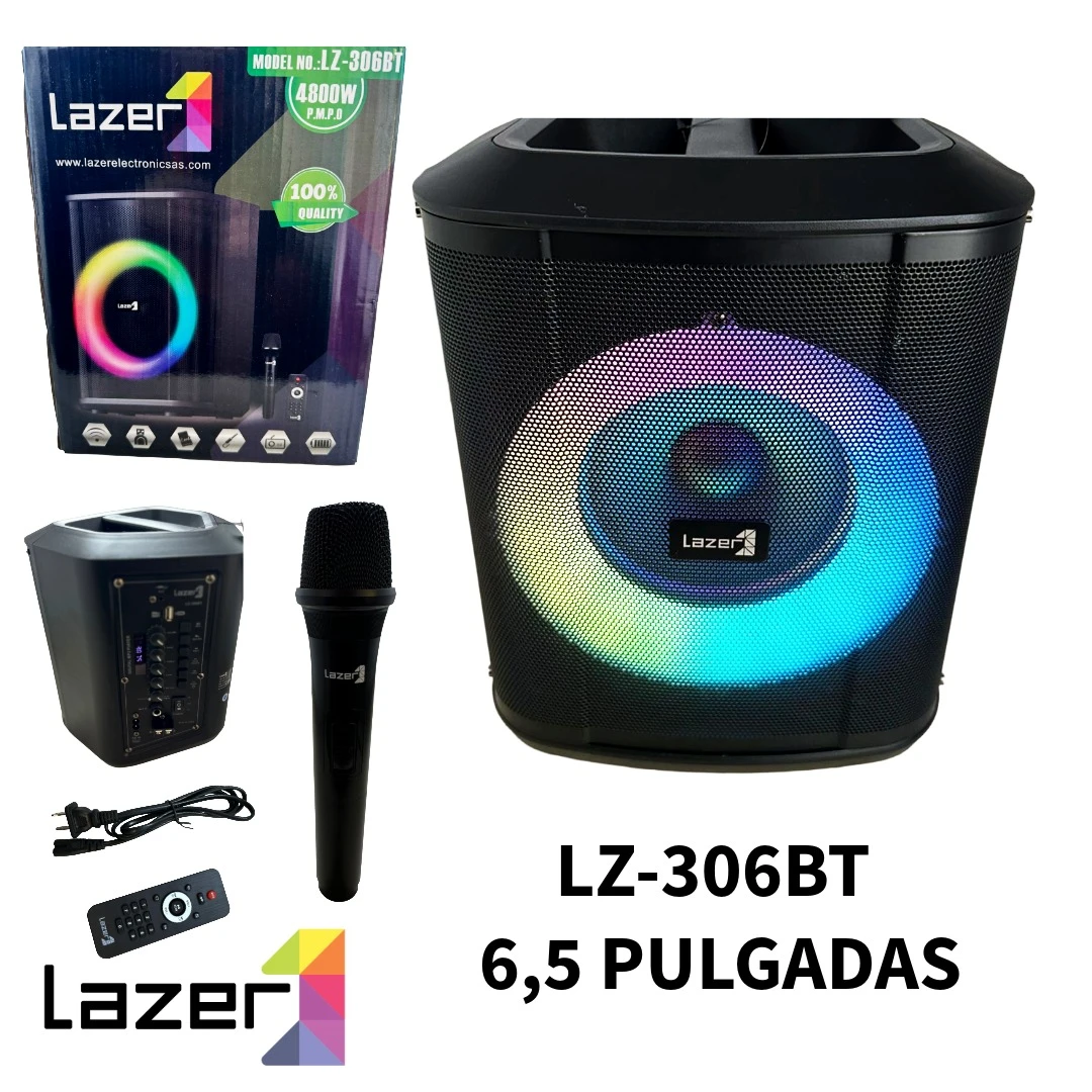 Parlante portátil Lazer LZ-306BT de 6,5 pulgadas con luces LED multicolor, micrófono inalámbrico, control remoto y caja de presentación.