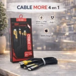 Cable de carga 4 en 1 negro con conectores USB-C, Lightning y micro-USB, empaquetado en caja roja y negra sobre superficie de mármol.