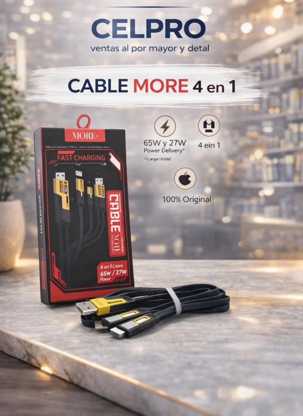 Cable de carga 4 en 1 negro con conectores USB-C, Lightning y micro-USB, empaquetado en caja roja y negra sobre superficie de mármol.