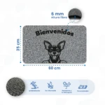 Tapete de entrada rectangular de 60 x 35 cm con diseño de perro y texto "Bienvenidos", fibra de 6 mm, antideslizante y resistente al barro.