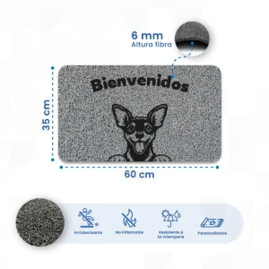 Tapete de entrada rectangular de 60 x 35 cm con diseño de perro y texto "Bienvenidos", fibra de 6 mm, antideslizante y resistente al barro.