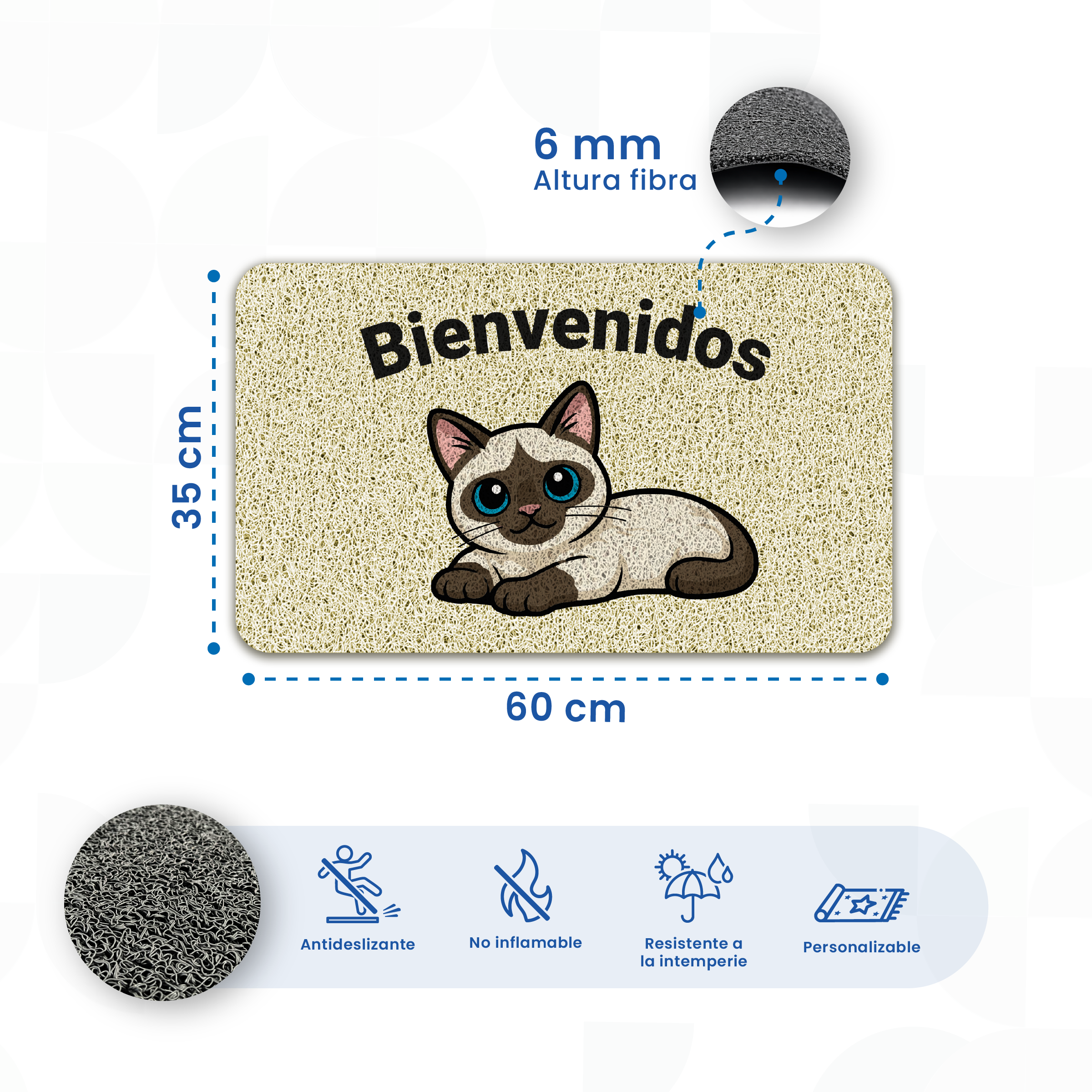 Tapete de entrada rectangular de 60 x 35 cm con diseño de gato siamés acostado y la palabra Bienvenidos en negro, fibra de 6 mm, color beige claro.