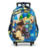 Mochila escolar con rodillos Minecraft, diseño frontal con Steve y caballo, colores azul y verde, material resistente.