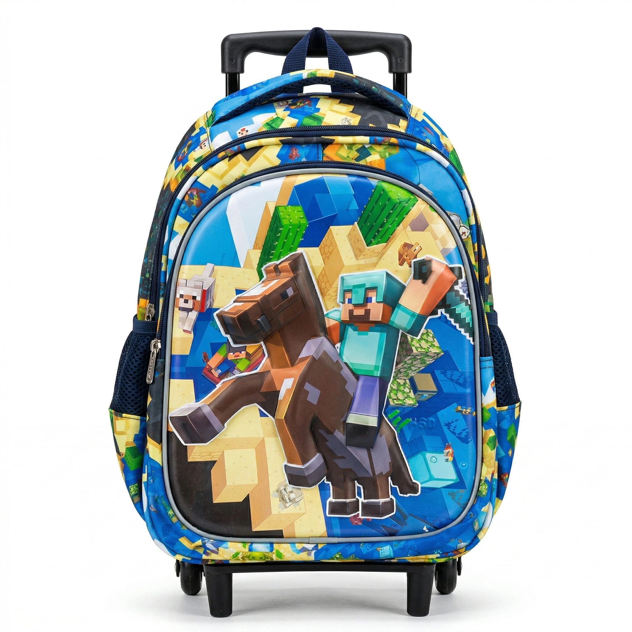 Mochila escolar con rodillos Minecraft, diseño frontal con Steve y caballo, colores azul y verde, material resistente.
