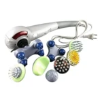 Masajeador corporal vibratorio blanco con cable, acompañado de ocho cabezales intercambiables de colores azul, verde, amarillo y gris, dispuestos alrededor del dispositivo principal.