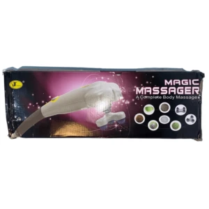 Caja del masajeador corporal vibratorio con ocho cabezales intercambiables, mostrando el dispositivo blanco y accesorios en fondo oscuro con efectos de luz.