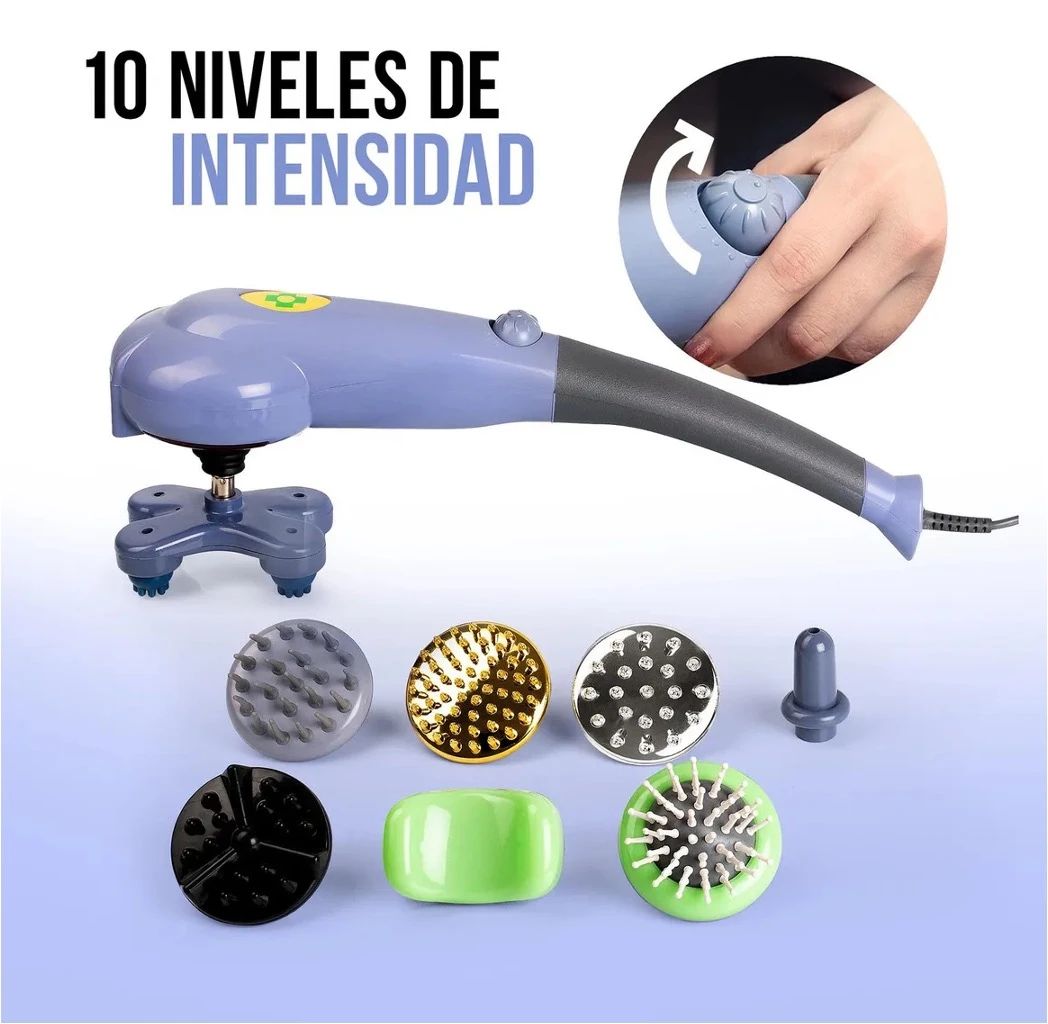 Masajeador corporal vibratorio en tono lila con mango gris, incluye ocho cabezales intercambiables de diferentes texturas y formas, además de un botón de control visible y detalle de uso manual.