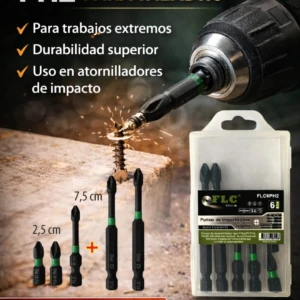 Set de brocas de impacto PH2 en acero S2, con puntas verdes y negras, medidas de 2,5 cm, 7,5 cm y 6,1 cm, presentadas en estuche transparente con seis unidades.