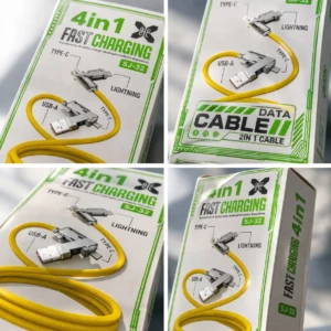 Cuatro vistas del empaque del cable de carga 4 en 1 SJ-32, color amarillo, mostrando conectores USB-A, Lightning y Type-C.