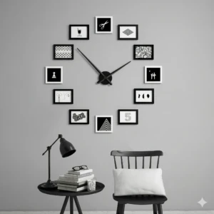 Reloj de pared modular en blanco y negro con marcos decorativos dispuestos en forma de reloj, sobre fondo gris claro. Incluye lámpara de escritorio y silla con cojín blanco en primer plano.