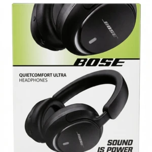 Caja de diadema Bose QuietComfort Ultra en color negro, mostrando el producto desde dos ángulos: frontal y lateral, con cancelación de ruido activa.