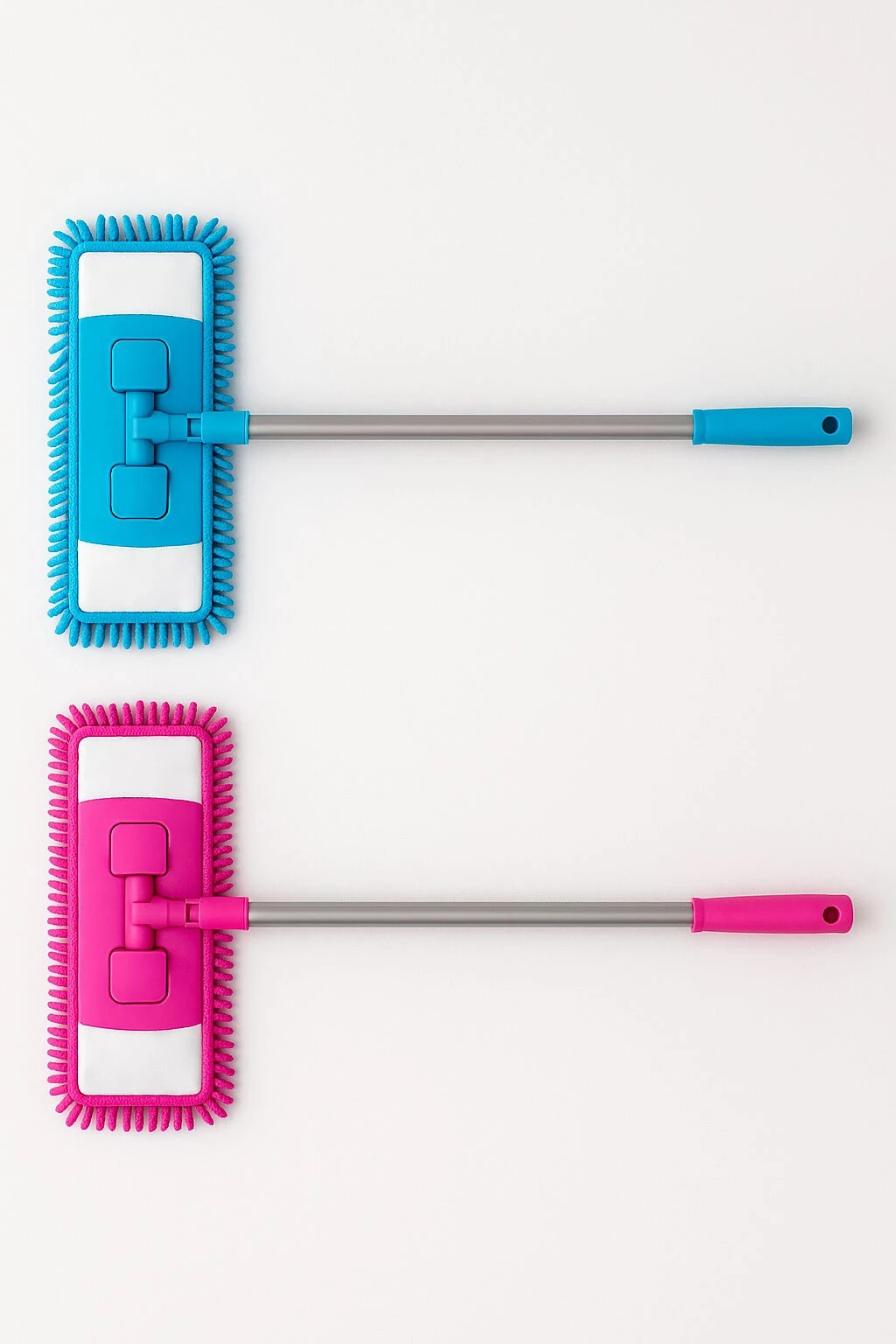 Dos traperos de microfibra con varilla de acero de 1 metro, uno en azul y otro en rosa, diseñados para limpiar esquinas y rincones difíciles.