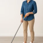 Mujer usando trapero microfibra naranja con varilla metálica de 1 metro, en posición de limpieza sobre piso de madera clara.