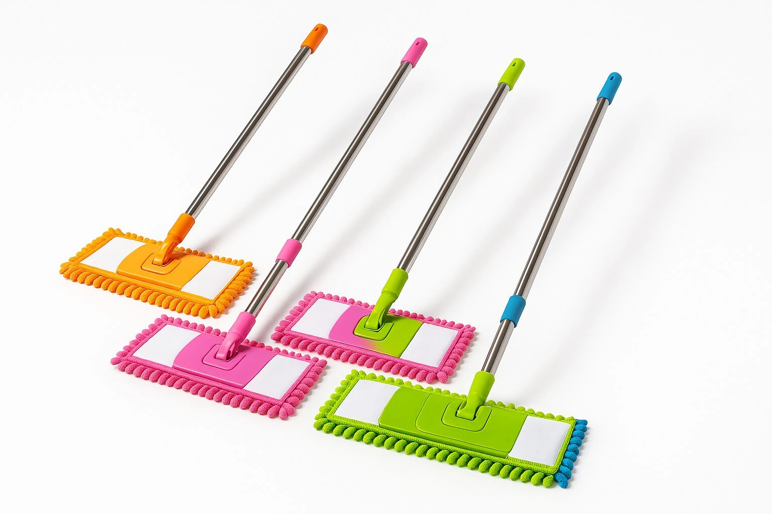 Cuatro traperos de microfibra con varillas metálicas de 1 metro, en colores naranja, rosa, verde y azul, diseñados para limpiar esquinas y rincones difíciles.