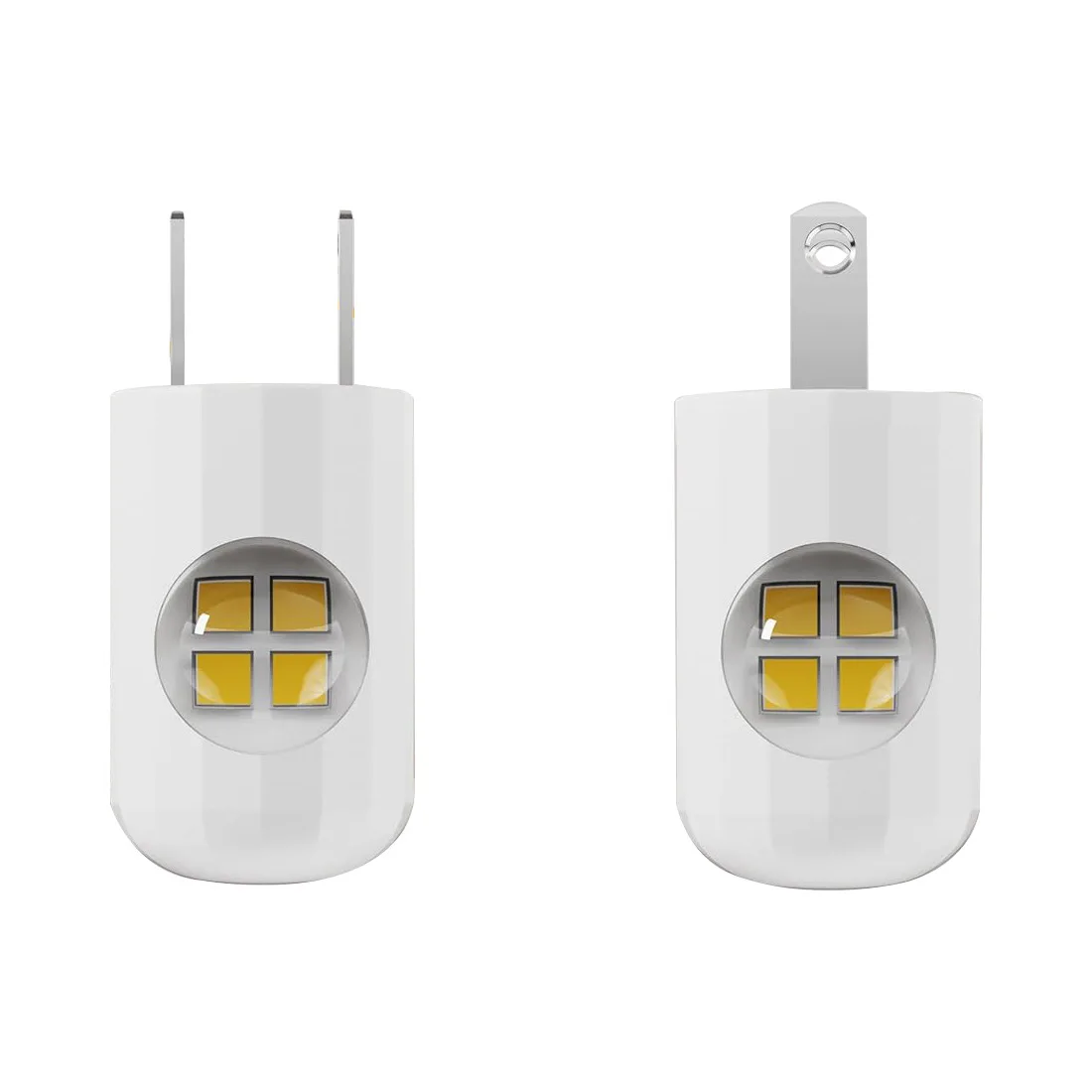 Dos enchufes LED automáticos blancos con cuatro diodos visibles, uno con clavijas rectas y otro con gancho para instalación en pared.