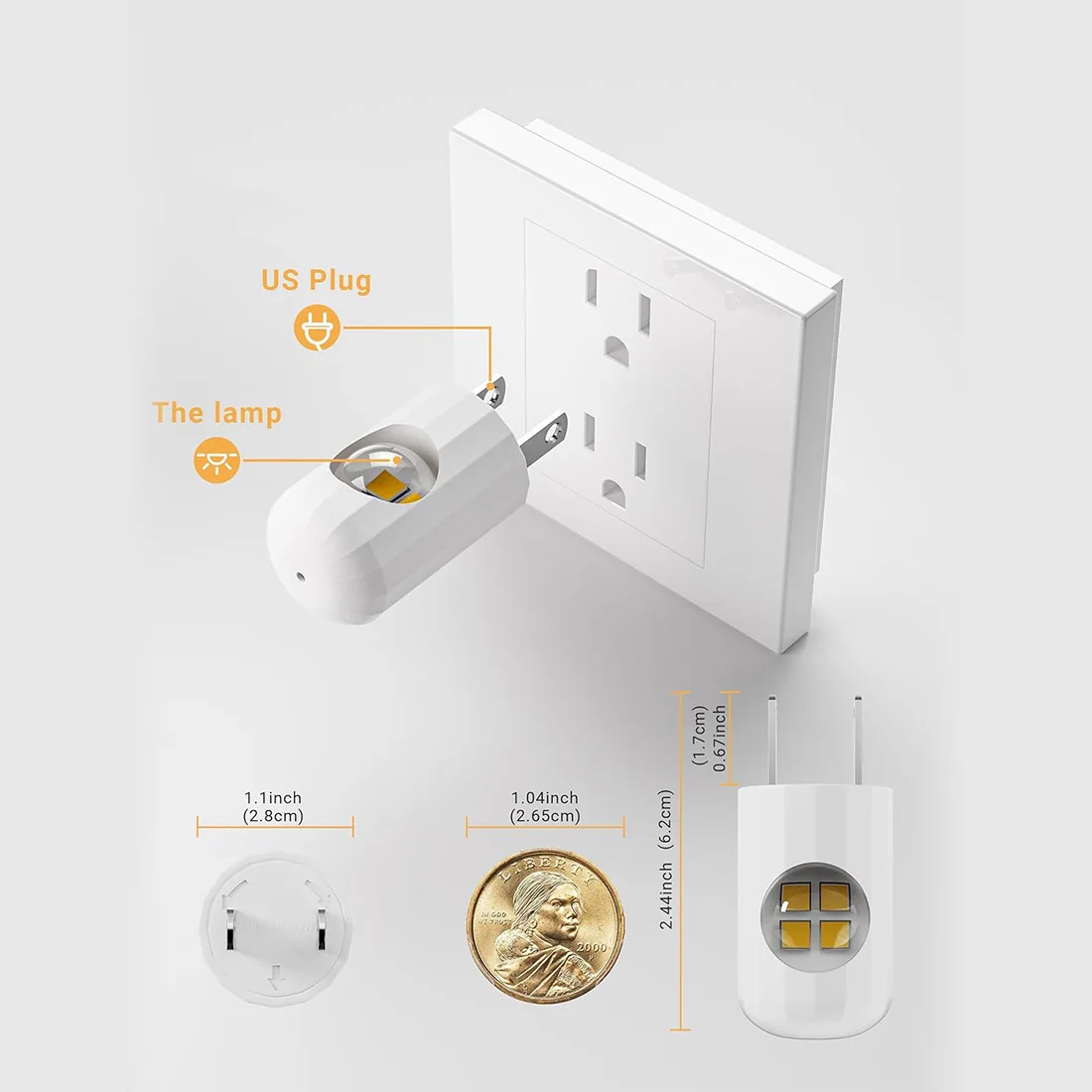 Enchufe LED blanco con doble haz, muestra de 1.04 pulgadas (2.65 cm) y dimensiones de 2.44 pulgadas (6.2 cm) por 1.72 cm (0.67 inch), diseñado para iluminación automática en pasillos y baños.