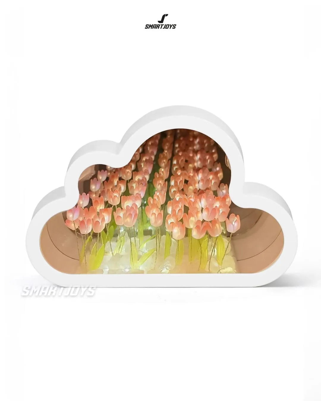 Lámpara espejo en forma de nube con jardín de tulipanes LED iluminados en tonos rosados y verdes, vista frontal.