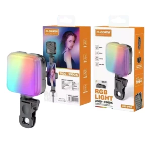 Luz LED RGB portátil Plokama U80 Pro en caja y desmontada, con acabado iridiscente multicolor y soporte ajustable.