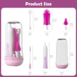 Limpiador eléctrico 360 para biberones en color rosa, con cepillos intercambiables y dimensiones detalladas en cm y pulgadas. Incluye base de carga y accesorios para limpieza profunda.