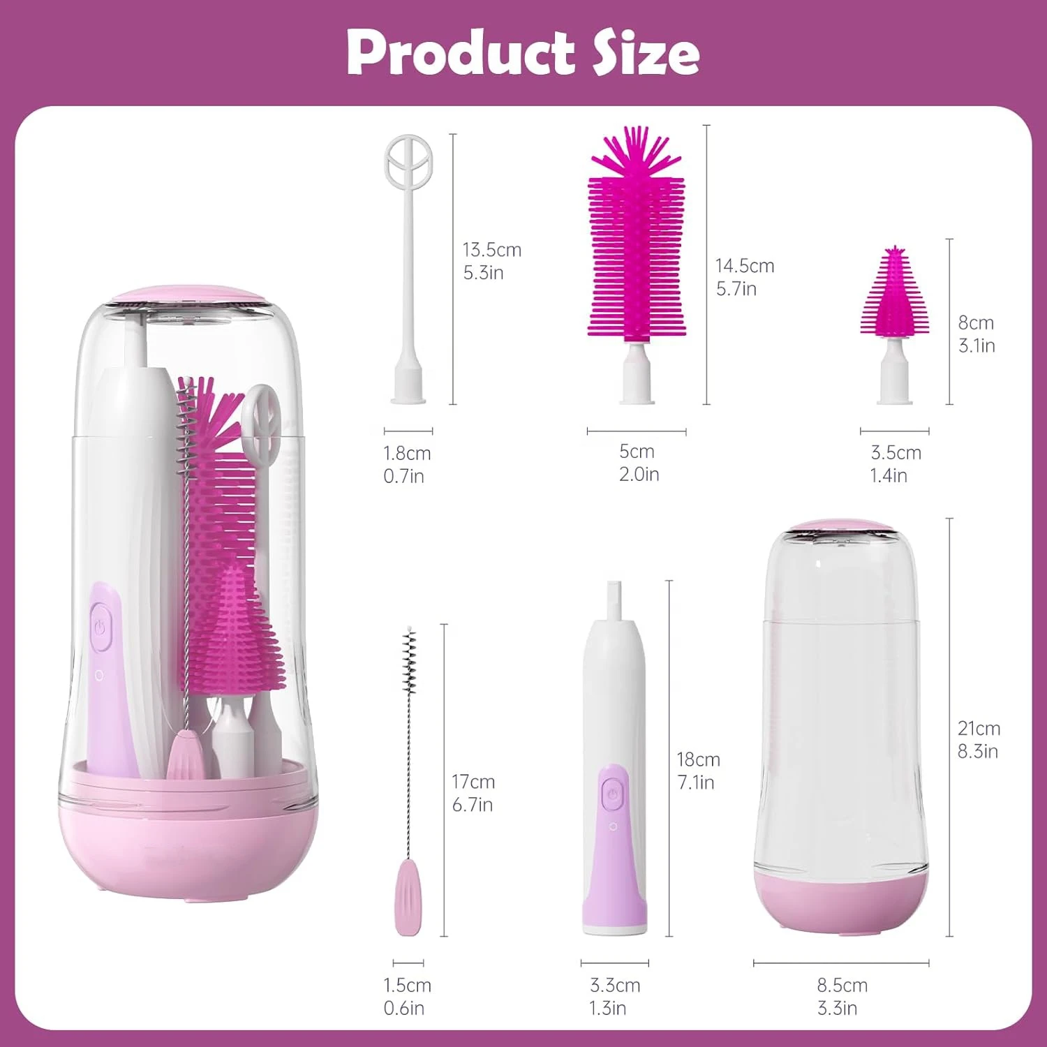 Limpiador eléctrico 360 para biberones en color rosa, con cepillos intercambiables y dimensiones detalladas en cm y pulgadas. Incluye base de carga y accesorios para limpieza profunda.