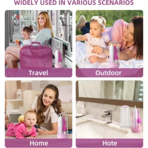 Limpiador eléctrico 360 para biberones en color rosa, mostrado en cuatro escenarios: viaje, exterior, hogar y hotel. Incluye cepillo rotatorio y estuche transparente.