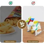 Comparativa de organización: antes, bolsas de papas derramadas en plato; después, pinzas para sellar bolsas de cocina en canasta metálica sobre mesa de madera.