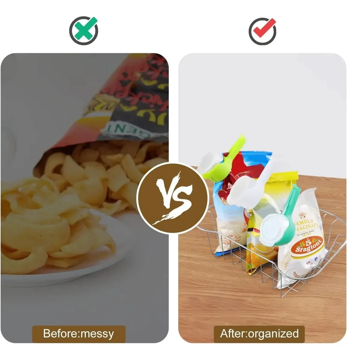 Comparativa de organización: antes, bolsas de papas derramadas en plato; después, pinzas para sellar bolsas de cocina en canasta metálica sobre mesa de madera.