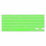 Protector de teclado silicona verde neón para MacBook 13 pulgadas, vista frontal completa con teclas visibles y diseño ergonómico.
