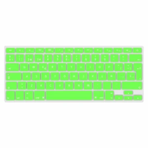 Protector de teclado silicona verde neón para MacBook 13 pulgadas, vista frontal completa con teclas visibles y diseño ergonómico.