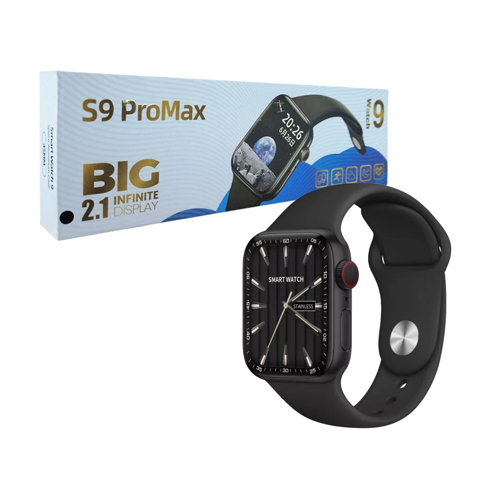 Reloj inteligente S9 Pro Max en caja, con pantalla de 2.1 pulgadas y correa negra. Incluye reloj con esfera digital y botones laterales.