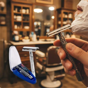 Set de dos máquinas de afeitar clásicas en acero inoxidable, con mango texturizado y cabezal metálico; una en uso con espuma facial, la otra abierta mostrando repuesto y estuche azul.