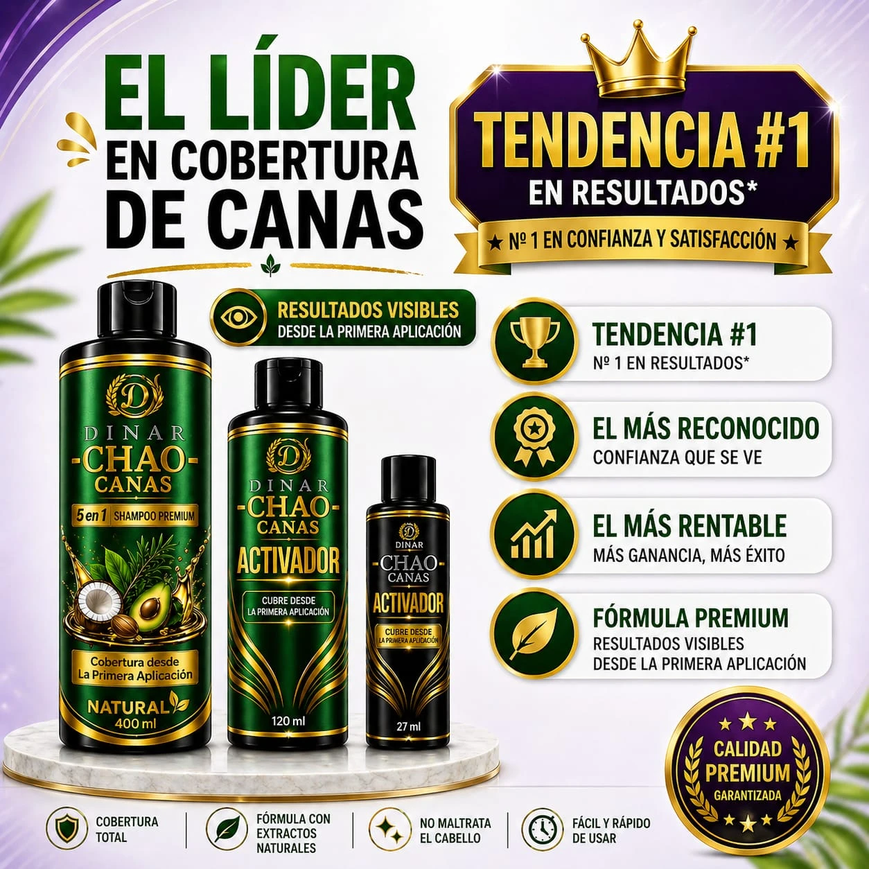 Pack de tres productos de la marca Dinar Chao Canas: champú 400 ml, activador 120 ml y otro activador 27 ml, todos con diseño verde y dorado, sobre pedestal blanco, con textos destacados como “Cubre tus canas desde la primera aplicación” y “Natural”.