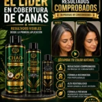 Champú Chao Canas 5 en 1 con extracto de romero, presentación de 400 ml, acompañado de activador de 120 ml y 27 ml. Botella verde oscuro con etiqueta dorada y detalles de coco y romero. Incluye antes y después de uso, mostrando cobertura de canas.