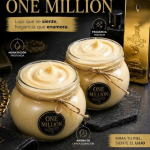 Mantequilla corporal One Million en frasco de vidrio con tapa de metal, presentación premium con etiqueta dorada y cordel natural.