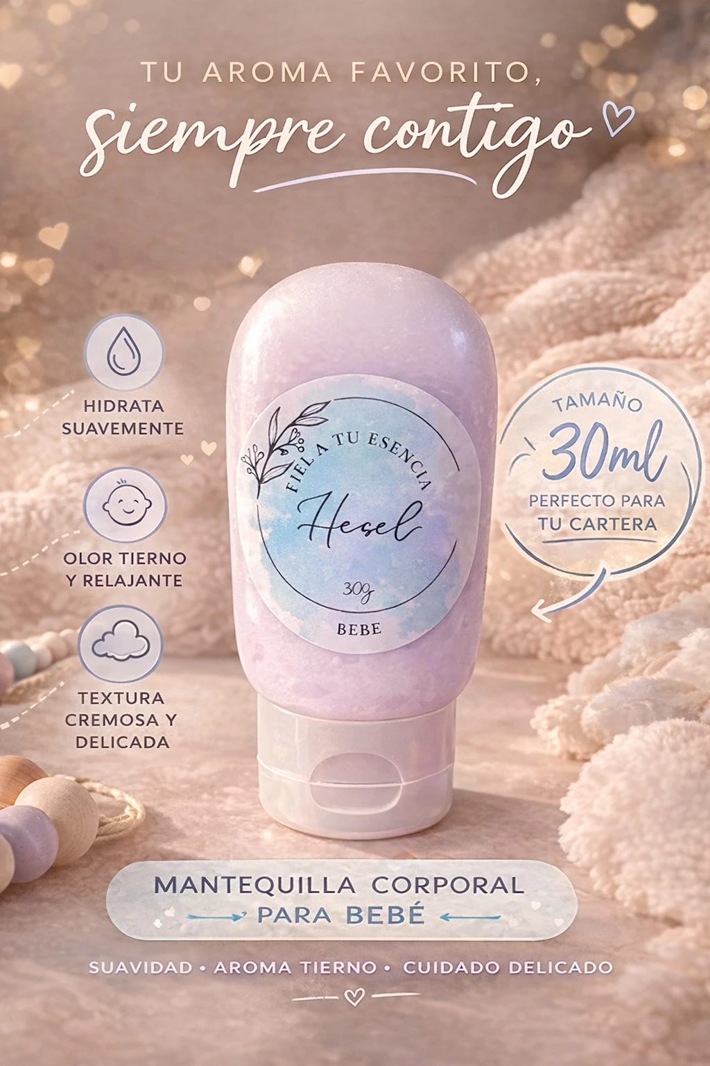 Mantequilla corporal para bebé en presentación de 30ml, envase rosado con etiqueta clara, sobre fondo texturizado suave y accesorios decorativos.