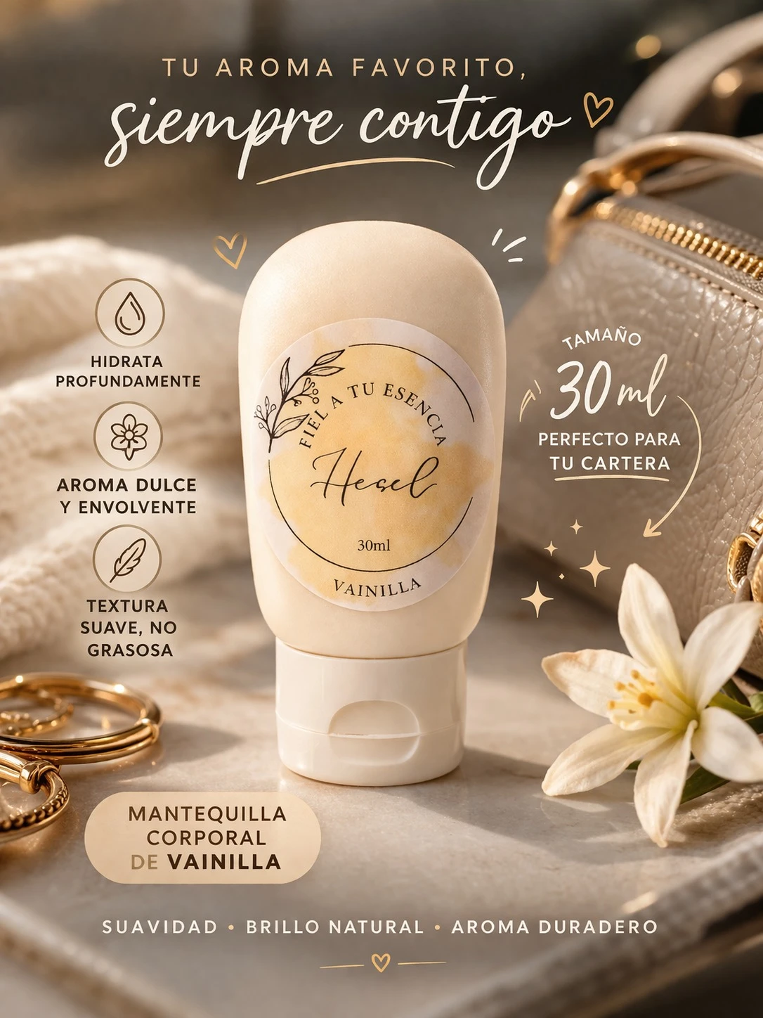 Mantequilla corporal de vainilla en tubo de 30 ml, color crema con etiqueta dorada, sobre superficie clara con flores blancas y accesorios dorados al fondo.