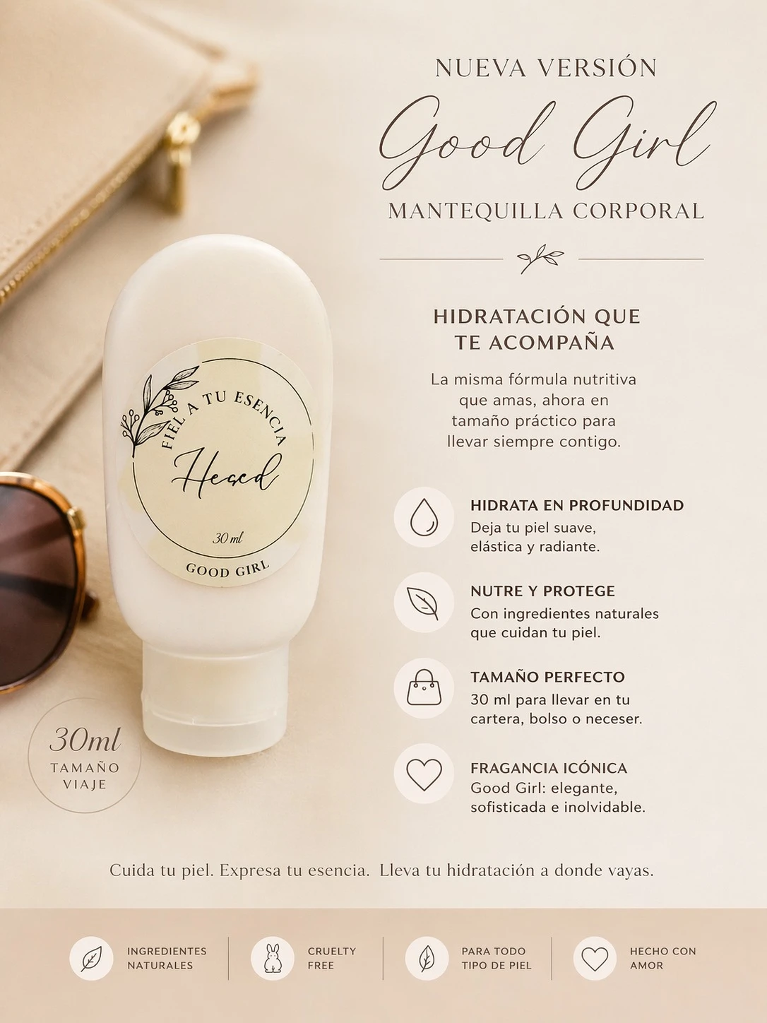 Mantequilla corporal Good Girl en presentación de viaje de 30ml, con etiqueta blanca y detalles en negro, sobre fondo beige con accesorios de moda.