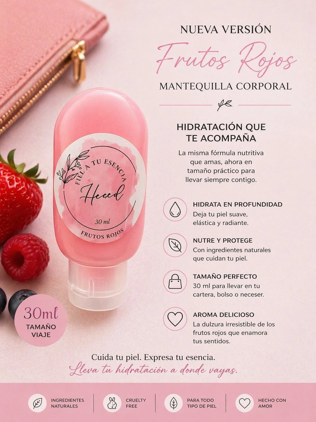 Mantequilla corporal facial Frutos Rojos en presentación de viaje de 30 ml, con etiqueta rosa y detalles de frutos rojos, acompañada de fresas y frambuesas reales sobre fondo claro.