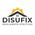 Logotipo de Disufix con diseño de casa y engranaje amarillo, texto que dice realmente efectivo