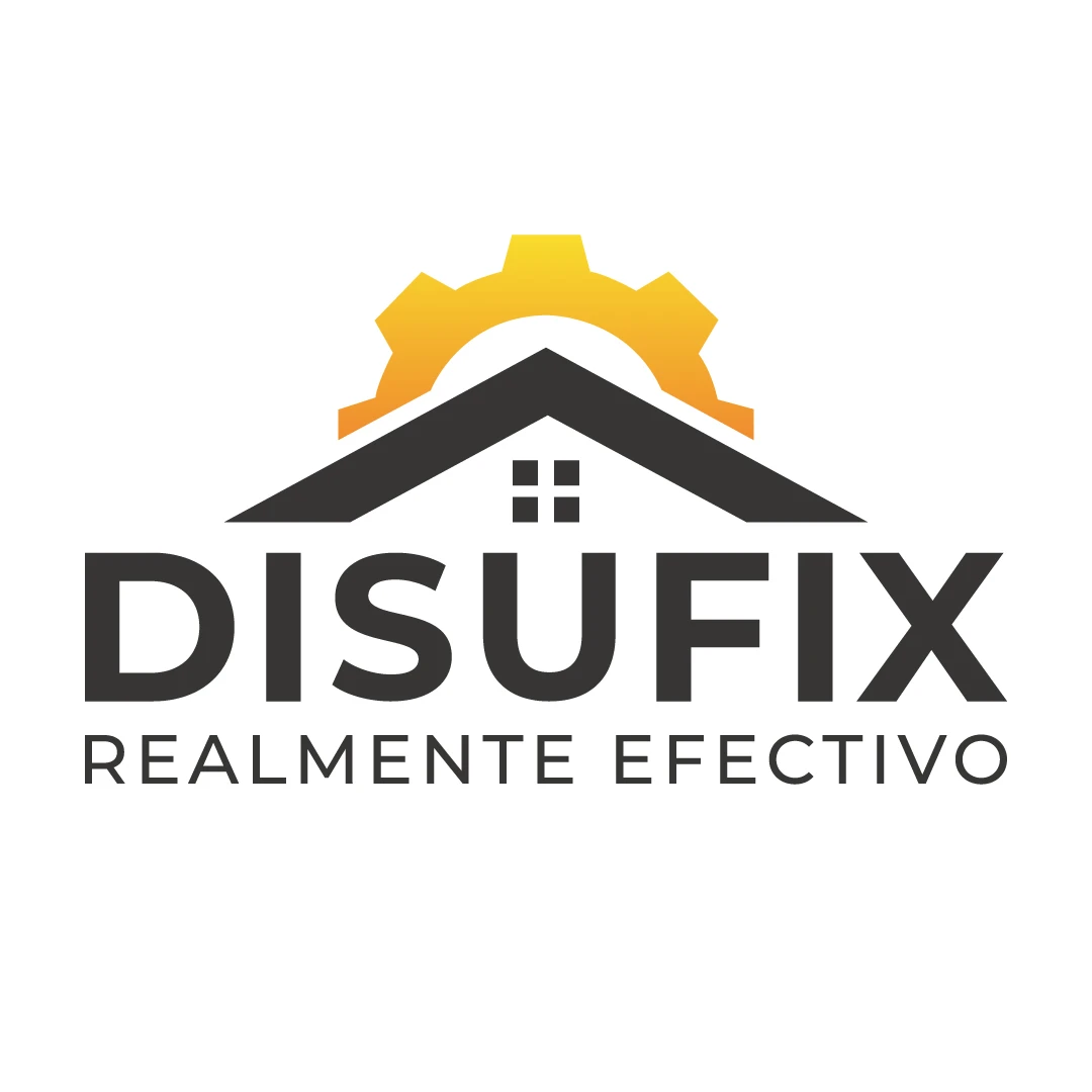 Logotipo de Disufix con diseño de casa y engranaje amarillo, texto que dice realmente efectivo