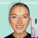 Comparativa antes y después del uso de gel máscara capilar anti frizz Karité, mostrando cabello liso y brillante con aplicador visible.