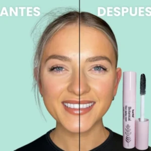 Comparativa antes y después del uso de gel máscara capilar anti frizz Karité, mostrando cabello liso y brillante con aplicador visible.