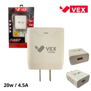 Cabezote de carga rápida Vex original 20W, color blanco, con enchufe europeo y logotipo visible. Incluye caja de presentación y dos unidades del cargador.