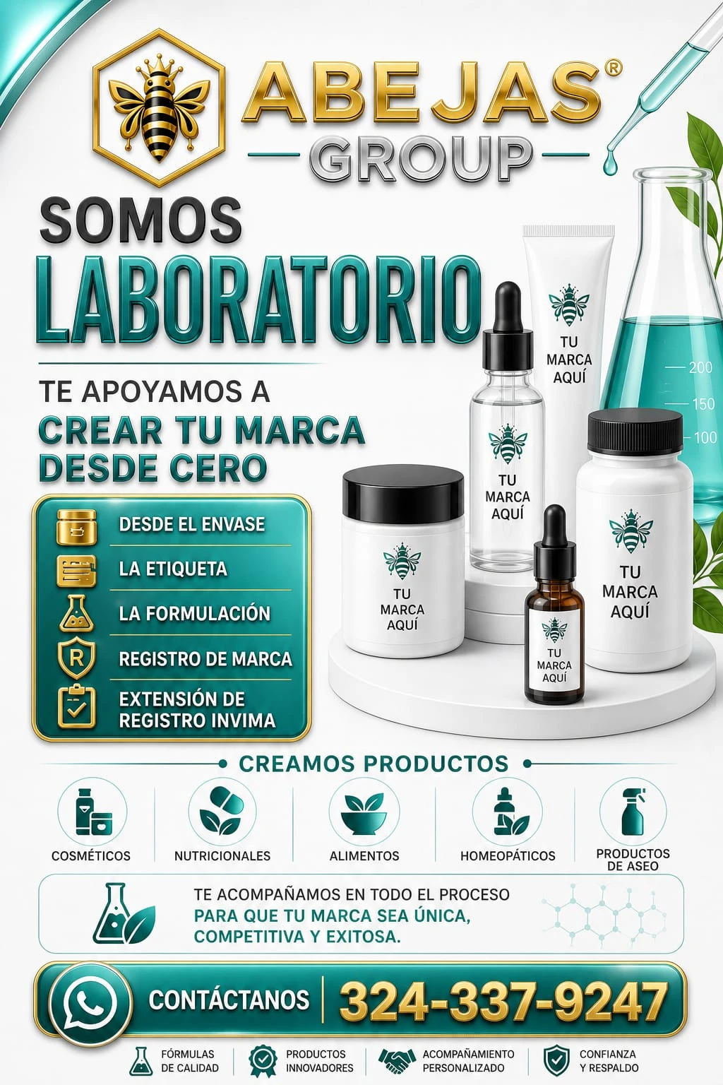Anuncio publicitario de Abejas Group mostrando envases de productos cosméticos con etiquetas personalizadas, tubos, frascos y botellas sobre superficie blanca, junto a texto promocional sobre creación de marca desde cero.