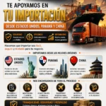 El anuncio publicitario de Abejas Group muestra un camión naranja cargando contenedores en un puerto, con aviones y barcos de fondo, destacando servicios de importación desde Estados Unidos, Panamá y China.