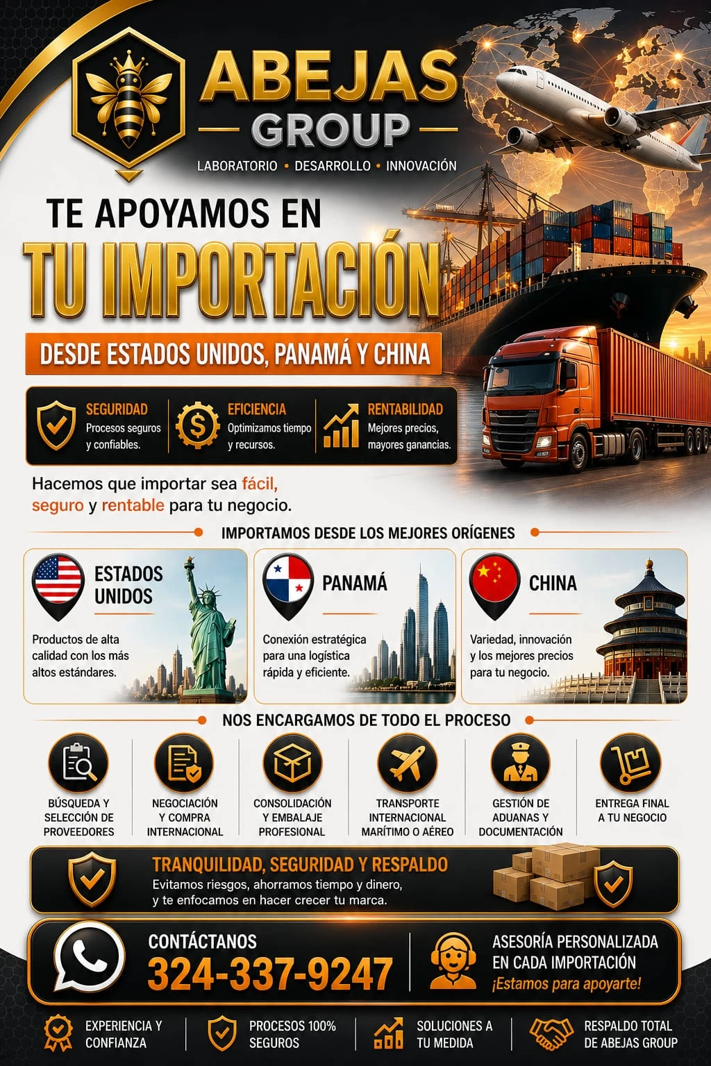 El anuncio publicitario de Abejas Group muestra un camión naranja cargando contenedores en un puerto, con aviones y barcos de fondo, destacando servicios de importación desde Estados Unidos, Panamá y China.