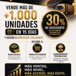 Anuncio publicitario de Abejas Group promocionando venta de más de 1.000 unidades en 15 días con 30% de descuento en primer desarrollo de producto, incluyendo beneficios como marca blanca, productos privados y acompañamiento personalizado.