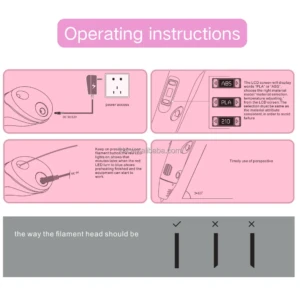 Instrucciones de uso del lápiz de impresión 3D portátil: conexión eléctrica, selección de material ABS o PLA en pantalla LCD, ajuste de temperatura, ángulo de uso recomendado y orientación correcta de la boquilla.