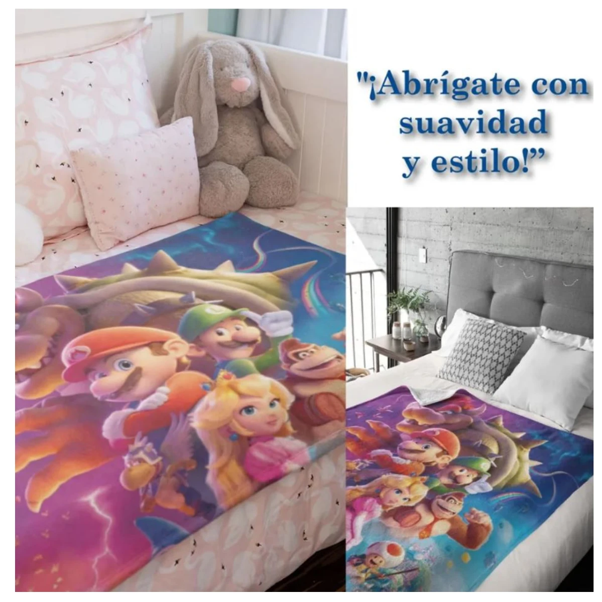 Cobija afelpada térmica Super Mario Bros en tonos vibrantes, con personajes principales sobre fondo azul y rosa, mostrada en dos ambientes: habitación infantil con conejo de peluche y dormitorio adulto con cabecero gris.