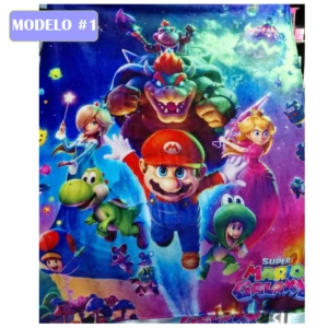 Cobija afelpada térmica Super Mario Bros modelo #1 con personajes principales en colores vibrantes sobre fondo espacial, ideal para descansar.